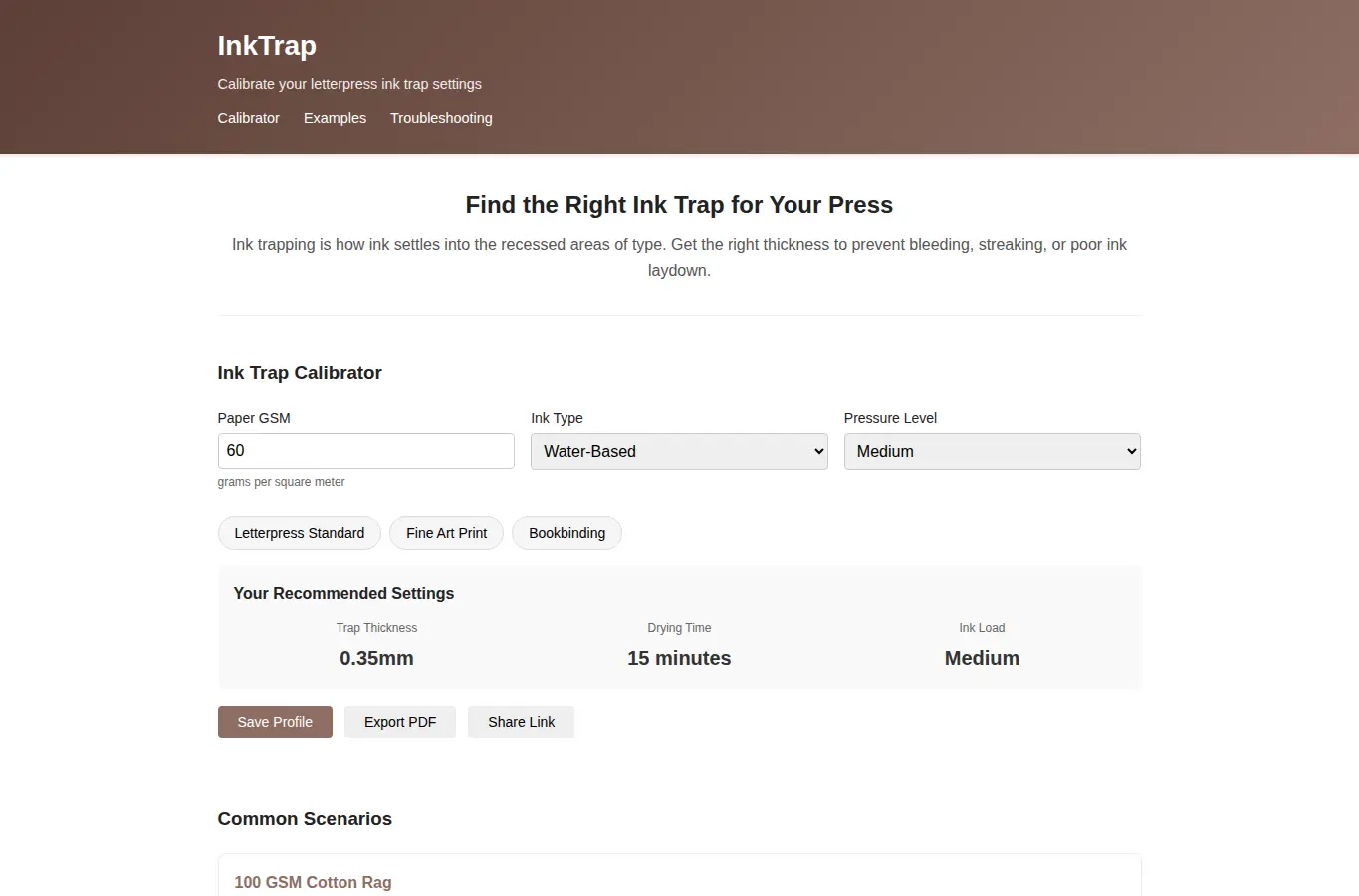 Screenshot of InkTrap: Letterpress Ink Trap Calibrator interface showing the project page in use